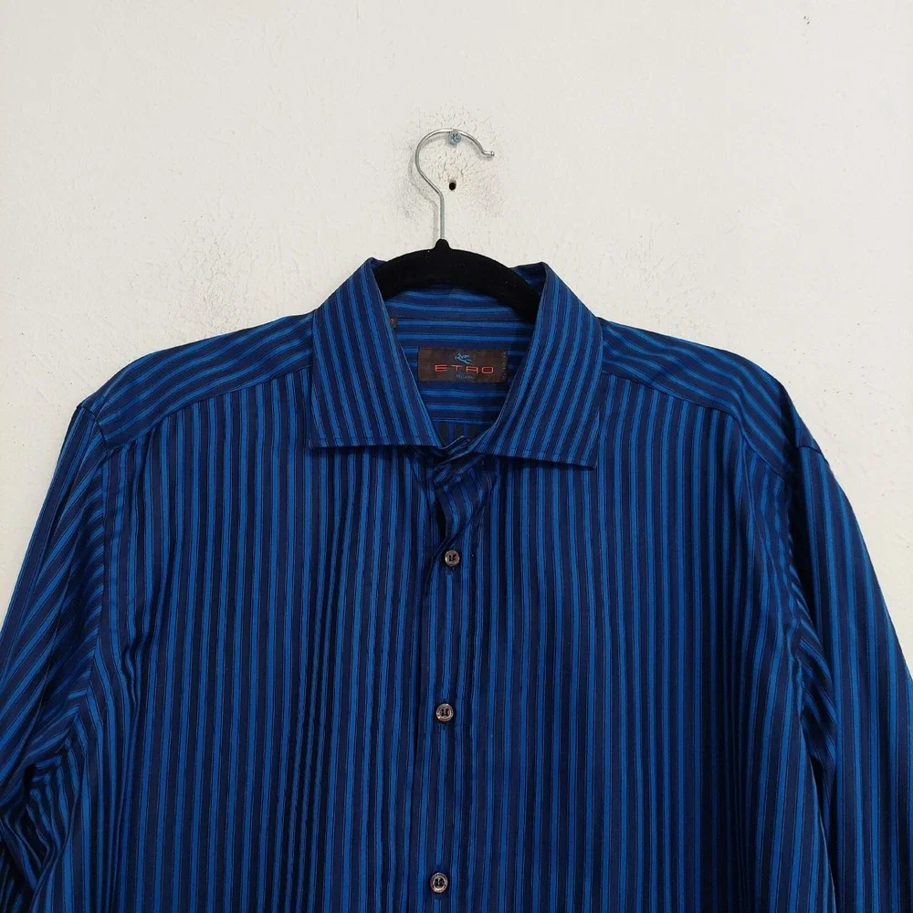 ETRO Long Sleeve Striped Button Shirt‎ Cotton Blue Black Made In Italy Size 42